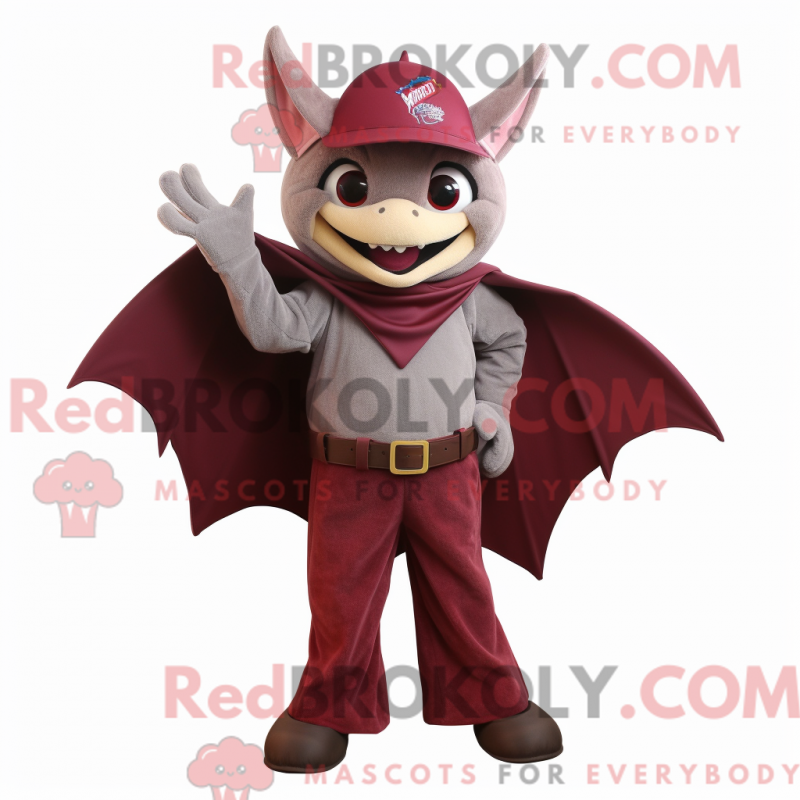 Mascot character of a Maroon Bat dressed with a Flare Jeans and Wraps Mascot character of a Maroon Bat dressed with a Flare Jeans and Wraps