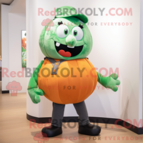 Mascot character of a Green Pumpkin dressed with a Boyfriend Jeans and Suspenders