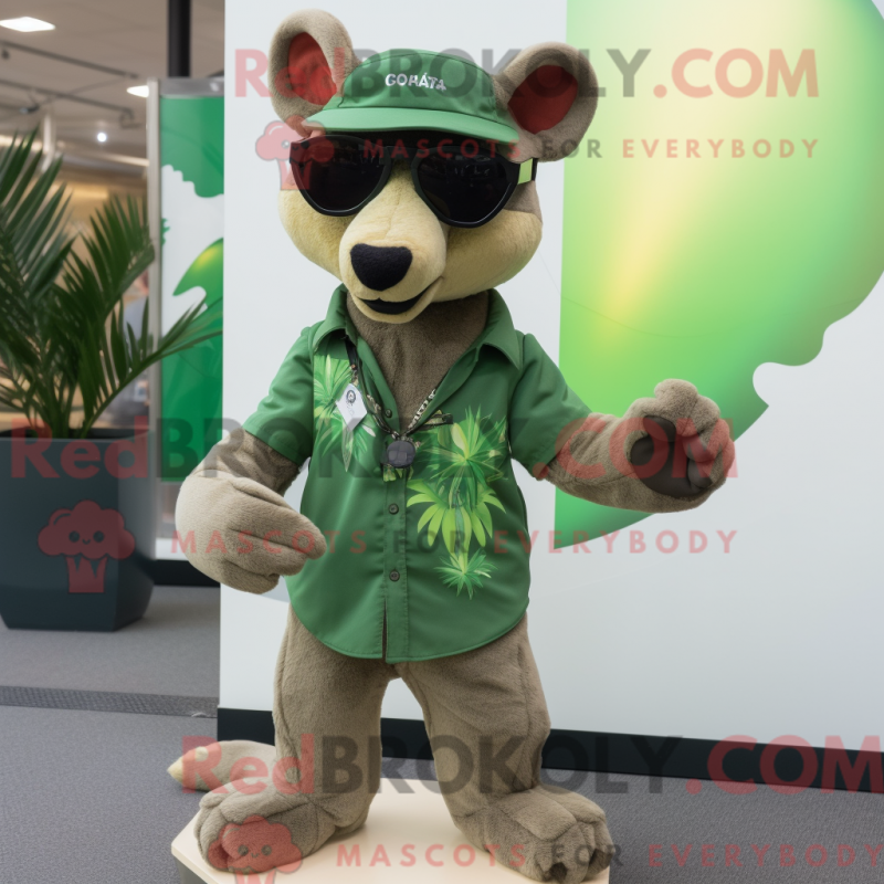 Mascot character of a Forest Green Thylacosmilus dressed with a Playsuit and Sunglasses Mascot character of a Forest Green Thylacosmilus dressed with a Playsuit and Sunglasses
