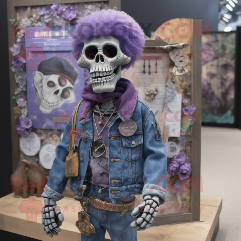 Purple Graveyard mascot costume character dressed with a Denim Shirt and Necklaces