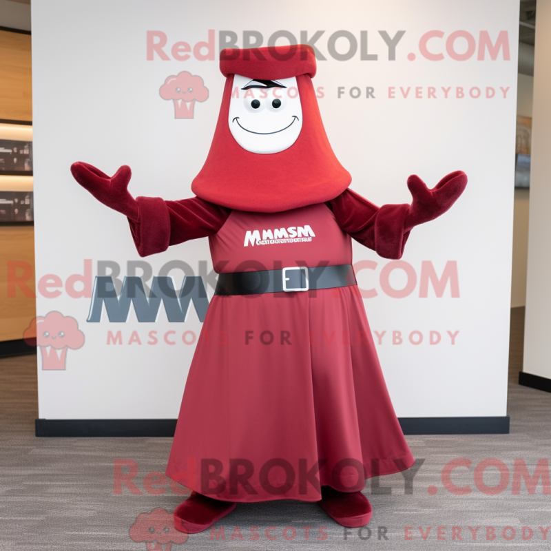 Mascot character of a Maroon Momentum dressed with a Maxi Dress and Belts Mascot character of a Maroon Momentum dressed with a Maxi Dress and Belts