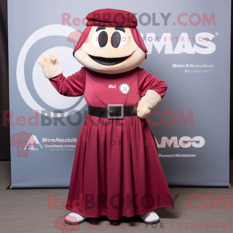 Mascot character of a Maroon Momentum dressed with a Maxi Dress and Belts Mascot character of a Maroon Momentum dressed with a Maxi Dress and Belts