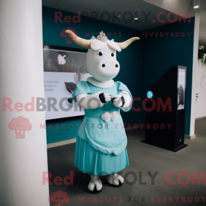 Mascot character of a Cyan Beef Wellington dressed with a Wedding Dress and Smartwatches
