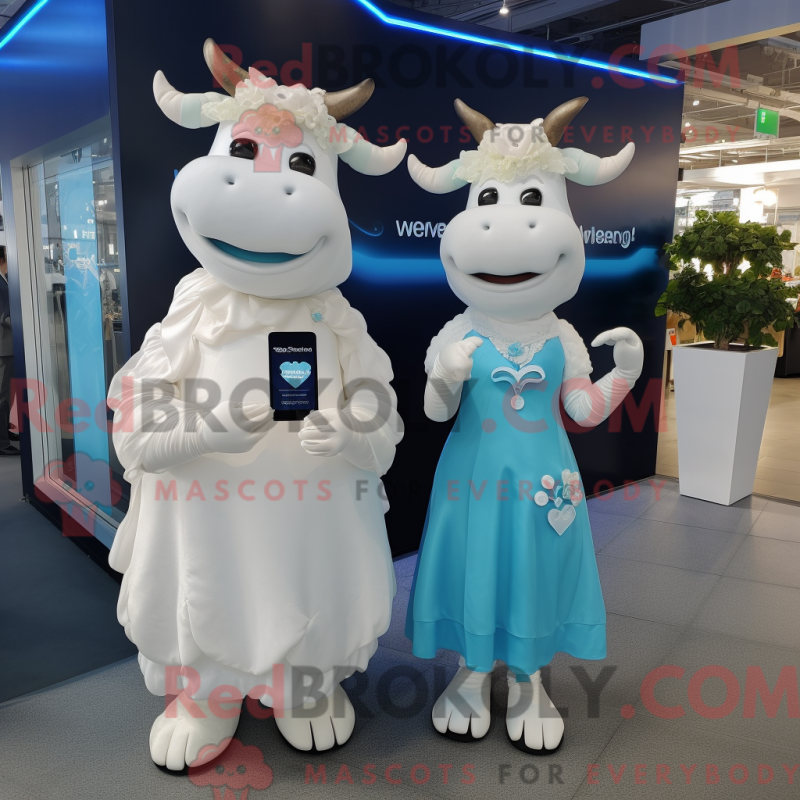 Mascot character of a Cyan Beef Wellington dressed with a Wedding Dress and Smartwatches