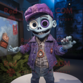 Purple Graveyard mascot costume character dressed with a Denim Shirt and Necklaces