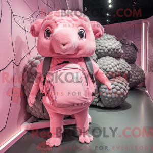 Mascot character of a Pink Glyptodon dressed with a Mini Dress and Backpacks