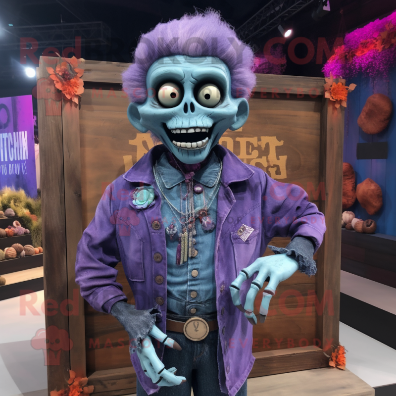 Purple Graveyard mascot costume character dressed with a Denim Shirt and Necklaces Purple Graveyard mascot costume character dressed with a Denim Shirt and Necklaces
