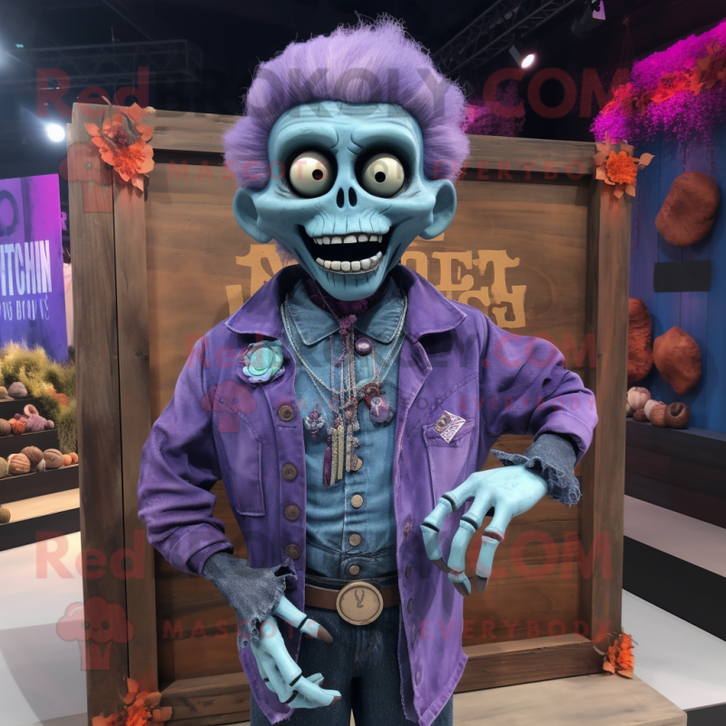 Purple Graveyard mascot costume character dressed with a Denim Shirt and Necklaces