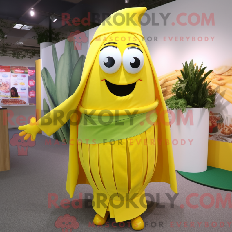 Mascot character of a Lemon Yellow Fajitas dressed with a Skirt and Shawl pins Mascot character of a Lemon Yellow Fajitas dressed with a Skirt and Shawl pins