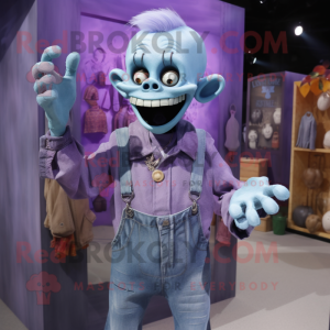 Purple Graveyard mascot costume character dressed with a Denim Shirt and Necklaces