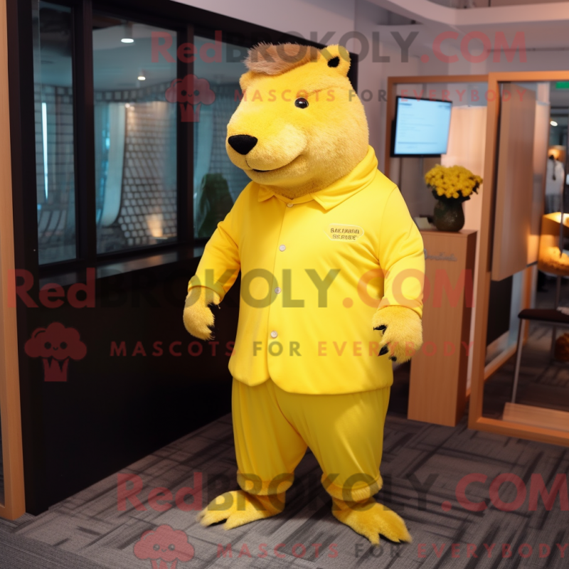 Mascot character of a Lemon Yellow Capybara dressed with a Suit Pants and Watches Mascot character of a Lemon Yellow Capybara dressed with a Suit Pants and Watches