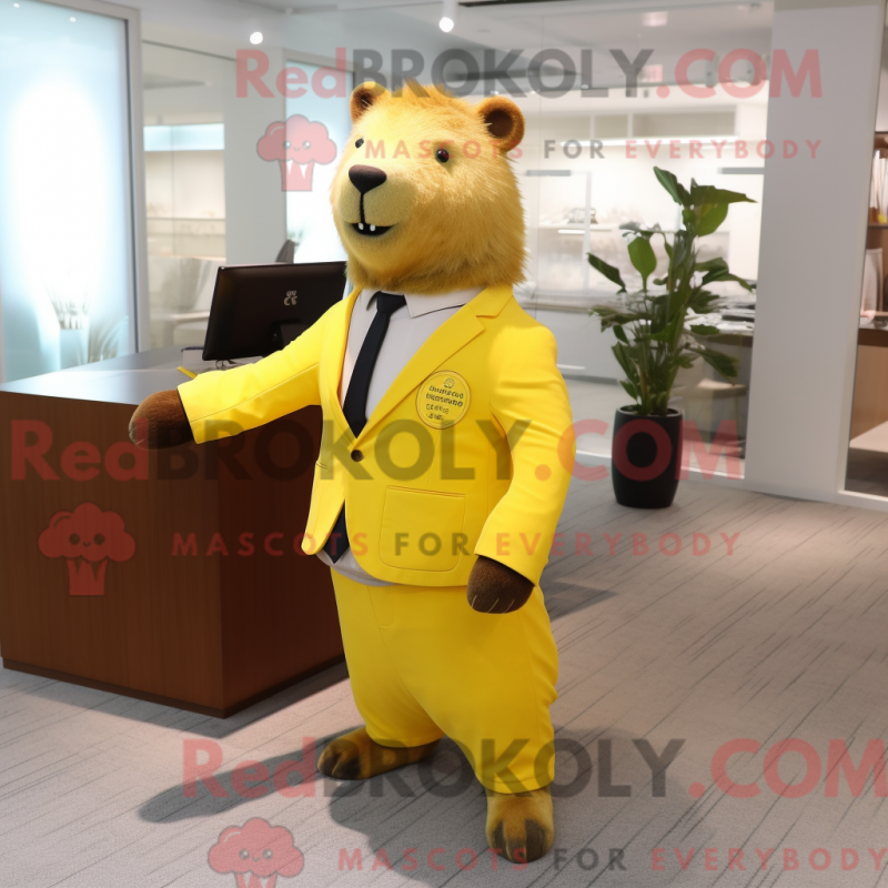 Mascot character of a Lemon Yellow Capybara dressed with a Suit Pants and Watches Mascot character of a Lemon Yellow Capybara dressed with a Suit Pants and Watches
