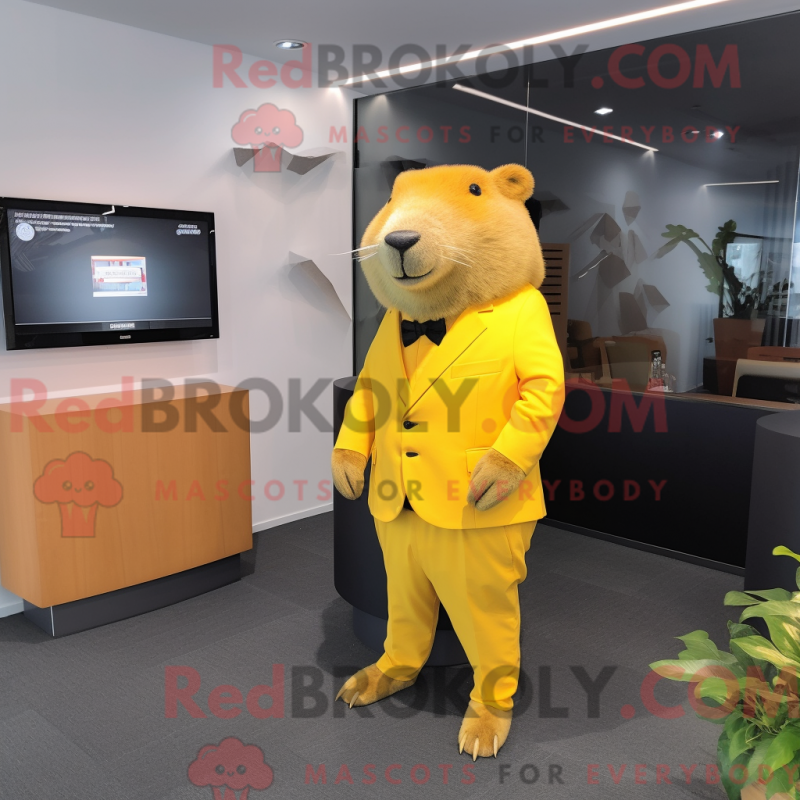 Mascot character of a Lemon Yellow Capybara dressed with a Suit Pants and Watches Mascot character of a Lemon Yellow Capybara dressed with a Suit Pants and Watches