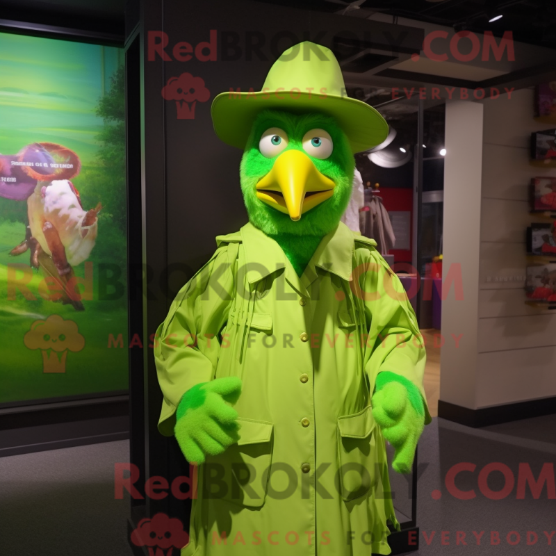 Mascot character of a Lime Green Rooster dressed with a Raincoat and Hat pins Mascot character of a Lime Green Rooster dressed with a Raincoat and Hat pins