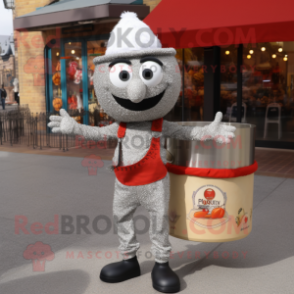 Silver Paella mascot costume character dressed with a Henley Tee and Handbags