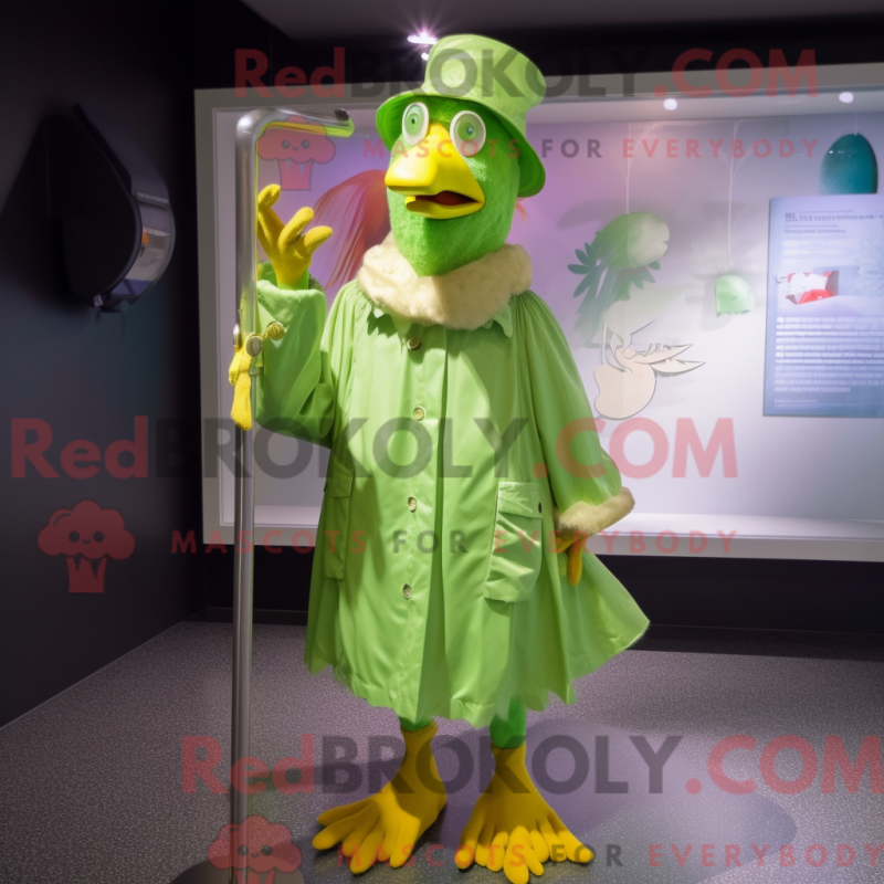 Mascot character of a Lime Green Rooster dressed with a Raincoat and Hat pins Mascot character of a Lime Green Rooster dressed with a Raincoat and Hat pins
