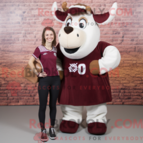 Mascot character of a Maroon Hereford Cow dressed with a Mini Skirt and Coin purses