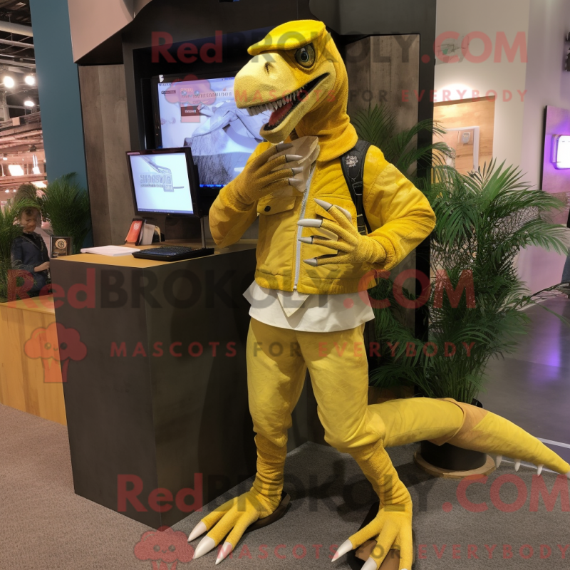 Mascot character of a Lemon Yellow Velociraptor dressed with a Corduroy Pants and Digital watches Mascot character of a Lemon Yellow Velociraptor dressed with a Corduroy Pants and Digital watches