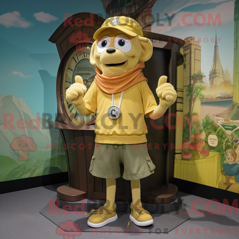 Mascot character of a Gold Wrist Watch dressed with a Cargo Shorts and Shawls Mascot character of a Gold Wrist Watch dressed with a Cargo Shorts and Shawls