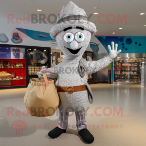 Silver Paella mascot costume character dressed with a Henley Tee and Handbags