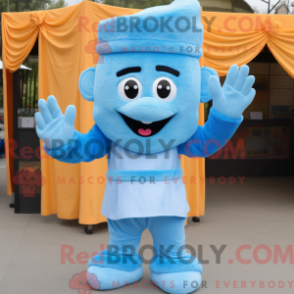 Mascot character of a Sky Blue Pad Thai dressed with a Corduroy Pants and Gloves