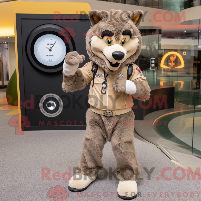 Mascot character of a Tan Say Wolf dressed with a Jumpsuit and Smartwatches Mascot character of a Tan Say Wolf dressed with a Jumpsuit and Smartwatches