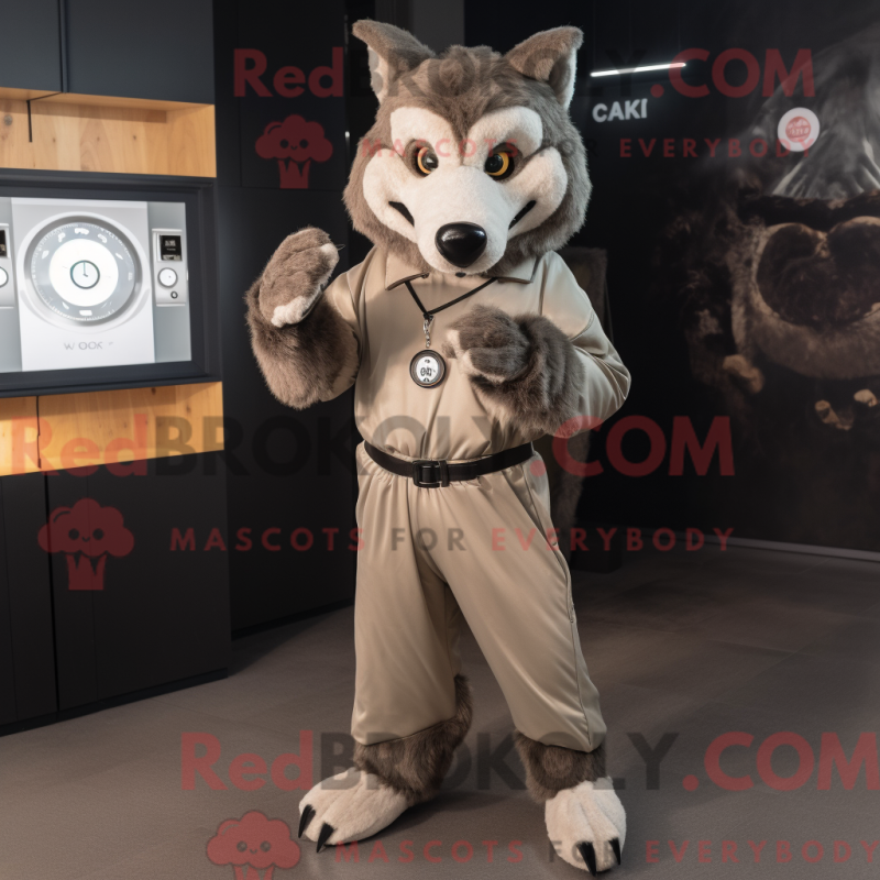 Mascot character of a Tan Say Wolf dressed with a Jumpsuit and Smartwatches Mascot character of a Tan Say Wolf dressed with a Jumpsuit and Smartwatches