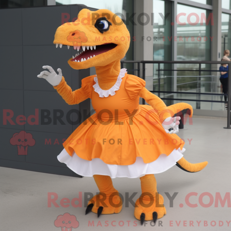 Mascot character of a Orange Tyrannosaurus dressed with a Skirt and Shoe clips Mascot character of a Orange Tyrannosaurus dressed with a Skirt and Shoe clips