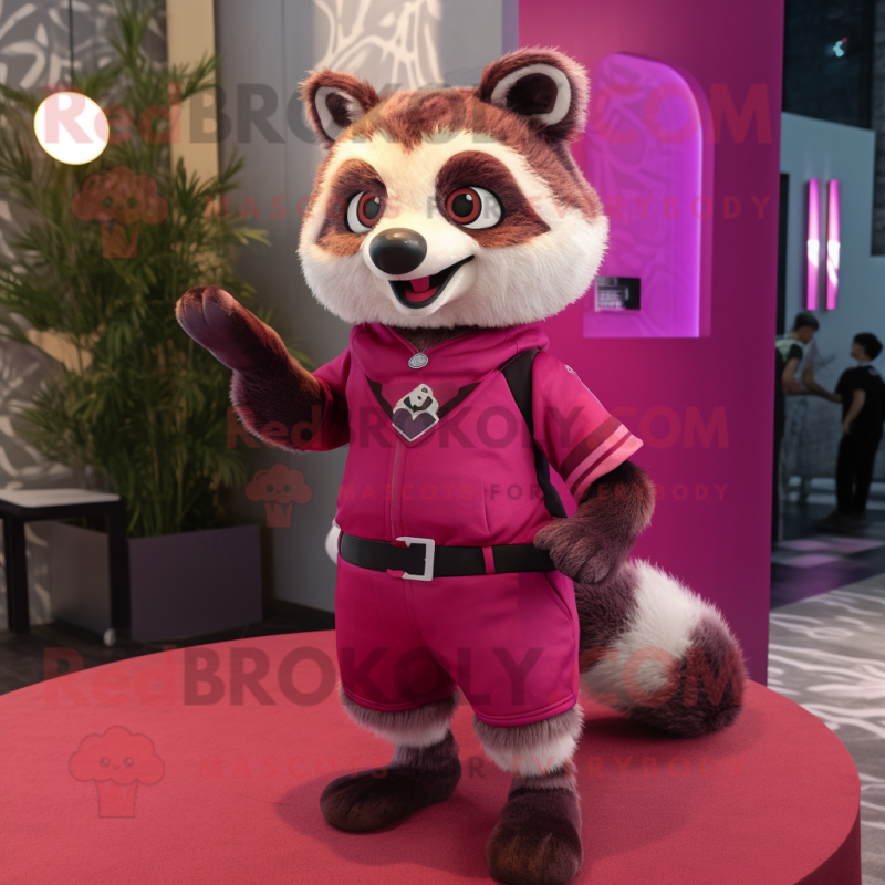 Magenta Raccoon mascot costume character dressed with a Culottes and Lapel pins