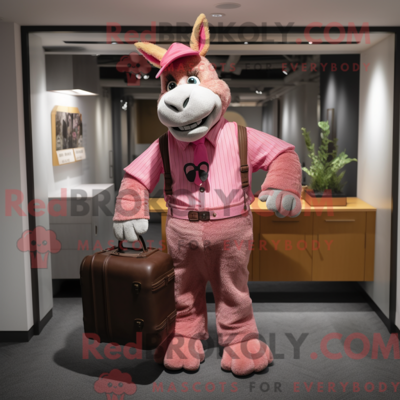 Mascot character of a Pink Donkey dressed with a Corduroy Pants and Briefcases Mascot character of a Pink Donkey dressed with a Corduroy Pants and Briefcases