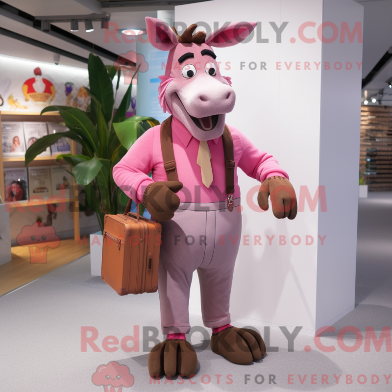 Mascot character of a Pink Donkey dressed with a Corduroy Pants and Briefcases Mascot character of a Pink Donkey dressed with a Corduroy Pants and Briefcases