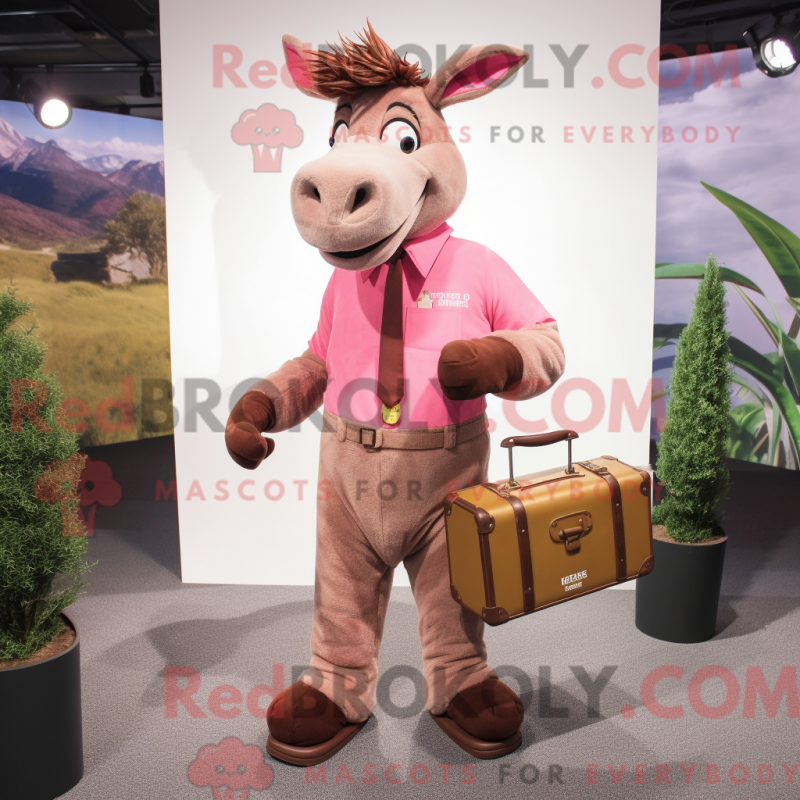 Mascot character of a Pink Donkey dressed with a Corduroy Pants and Briefcases Mascot character of a Pink Donkey dressed with a Corduroy Pants and Briefcases