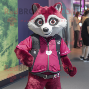 Magenta Raccoon mascot costume character dressed with a Culottes and Lapel pins