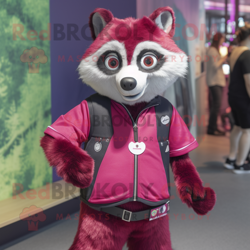 Magenta Raccoon mascot costume character dressed with a Culottes and Lapel pins Magenta Raccoon mascot costume character dressed with a Culottes and Lapel pins