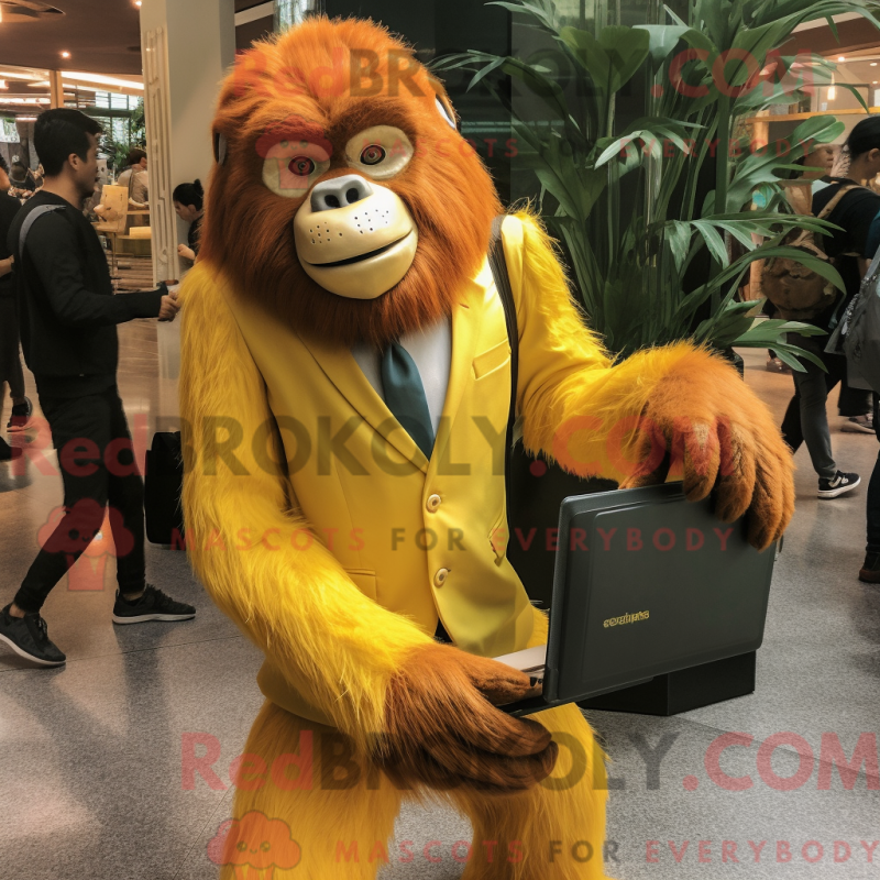 Mascot character of a Yellow Orangutan dressed with a Suit Jacket and Clutch bags Mascot character of a Yellow Orangutan dressed with a Suit Jacket and Clutch bags