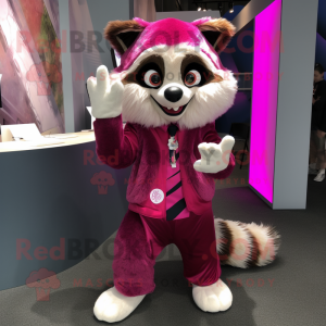 Magenta Raccoon mascot costume character dressed with a Culottes and Lapel pins