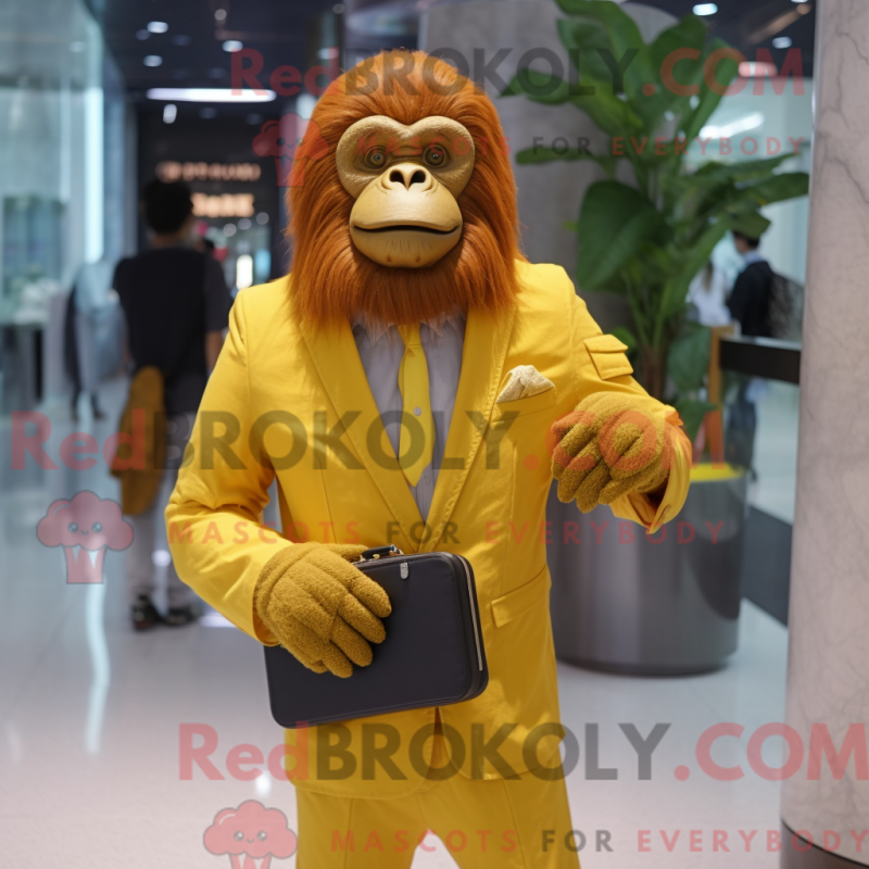 Mascot character of a Yellow Orangutan dressed with a Suit Jacket and Clutch bags Mascot character of a Yellow Orangutan dressed with a Suit Jacket and Clutch bags