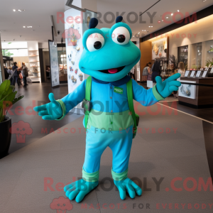 Mascot character of a Turquoise Frog dressed with a Polo Shirt and Brooches