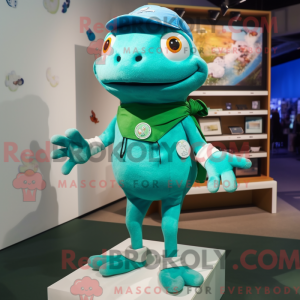 Mascot character of a Turquoise Frog dressed with a Polo Shirt and Brooches