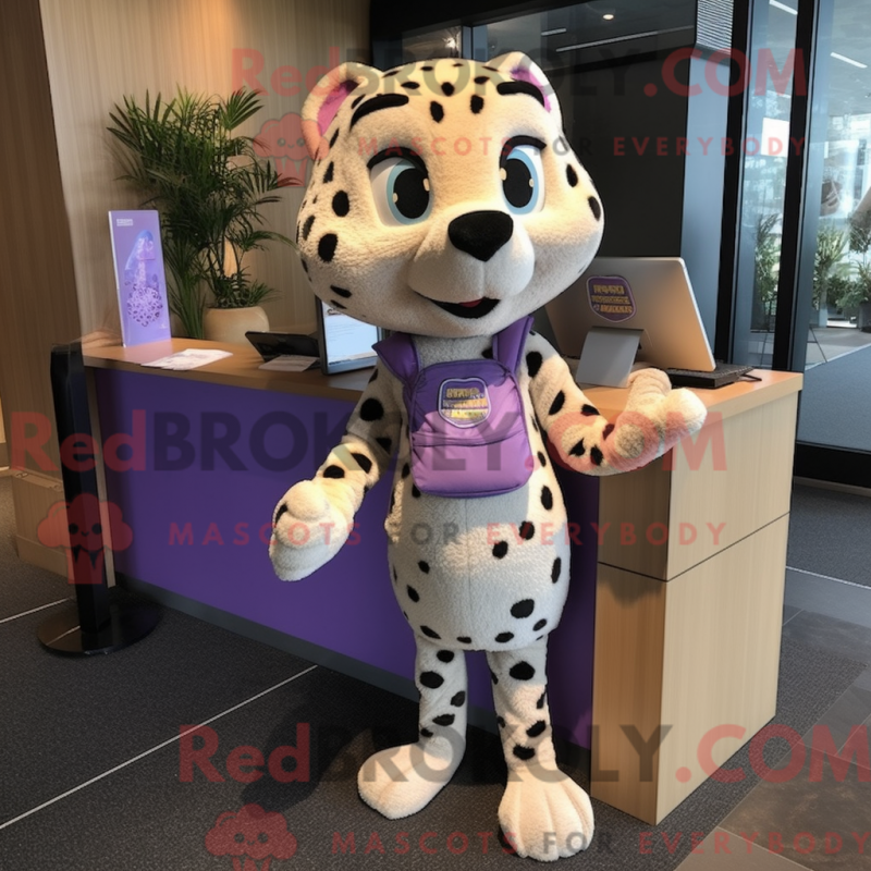 Mascot character of a Lavender Cheetah dressed with a Leggings and Messenger bags Mascot character of a Lavender Cheetah dressed with a Leggings and Messenger bags