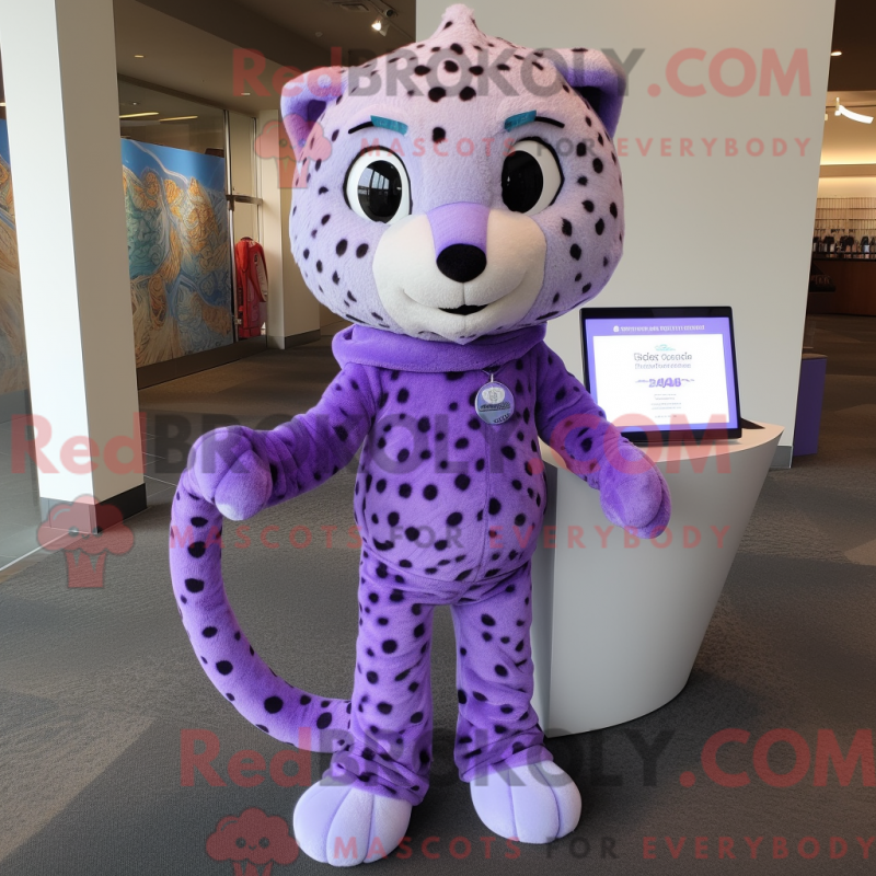 Mascot character of a Lavender Cheetah dressed with a Leggings and Messenger bags Mascot character of a Lavender Cheetah dressed with a Leggings and Messenger bags