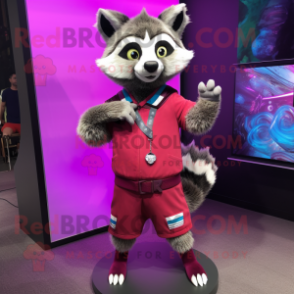 Magenta Raccoon mascot costume character dressed with a Culottes and Lapel pins