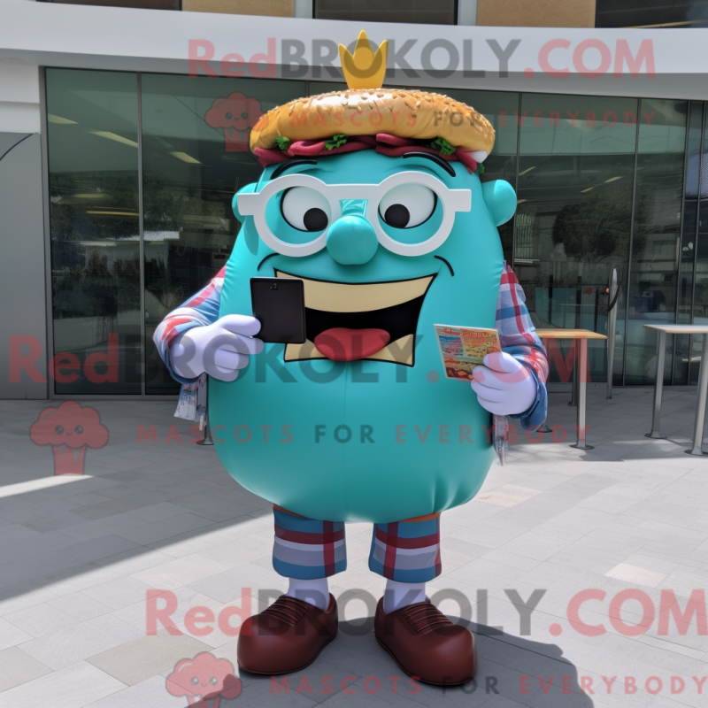 Mascot character of a Turquoise Hamburger dressed with a Shorts and Reading glasses Mascot character of a Turquoise Hamburger dressed with a Shorts and Reading glasses