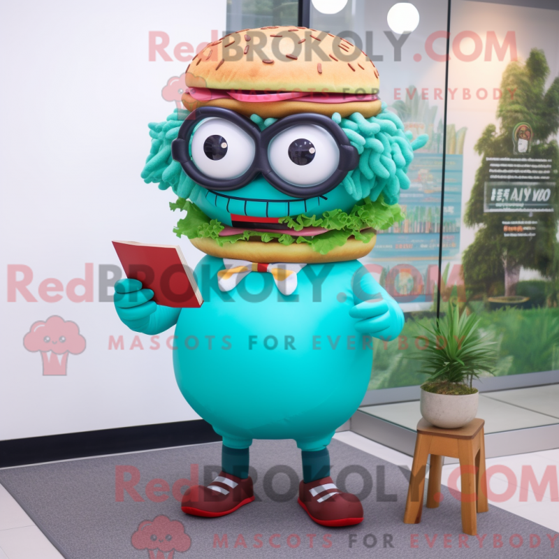 Mascot character of a Turquoise Hamburger dressed with a Shorts and Reading glasses Mascot character of a Turquoise Hamburger dressed with a Shorts and Reading glasses