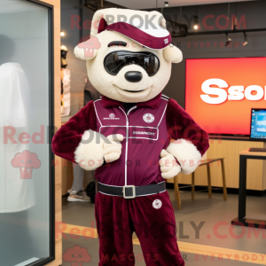 Mascot character of a Maroon Shepard'S Pie dressed with a Jumpsuit and Bracelet watches