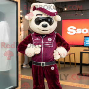 Mascot character of a Maroon Shepard'S Pie dressed with a Jumpsuit and Bracelet watches
