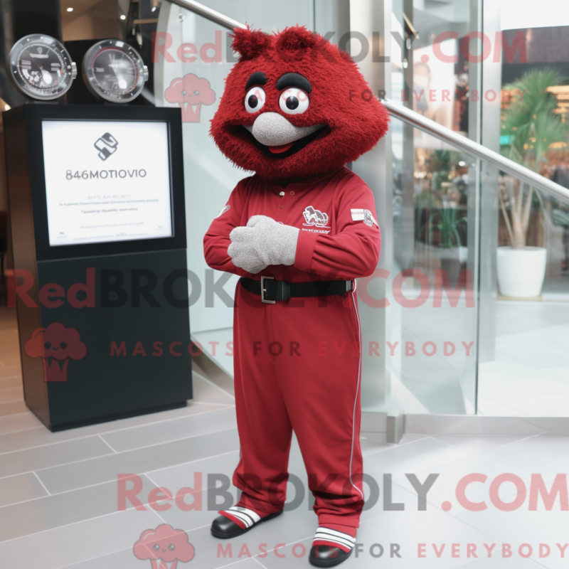 Mascot character of a Maroon Shepard'S Pie dressed with a Jumpsuit and Bracelet watches Mascot character of a Maroon Shepard'S Pie dressed with a Jumpsuit and Bracelet watches