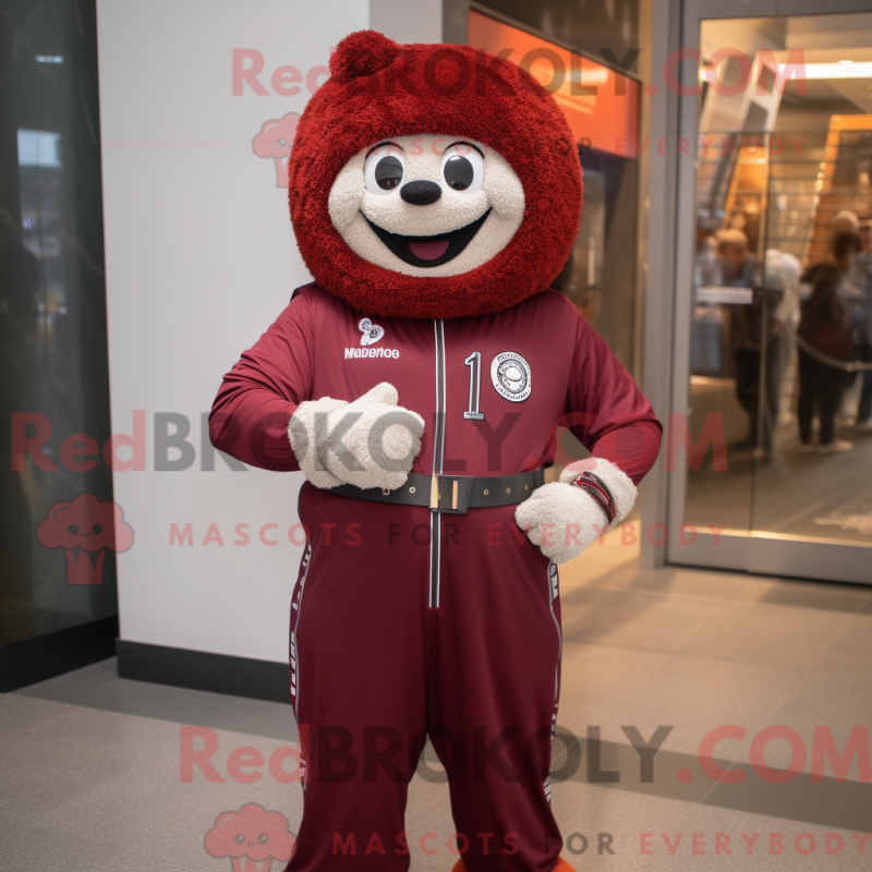 Mascot character of a Maroon Shepard'S Pie dressed with a Jumpsuit and Bracelet watches Mascot character of a Maroon Shepard'S Pie dressed with a Jumpsuit and Bracelet watches