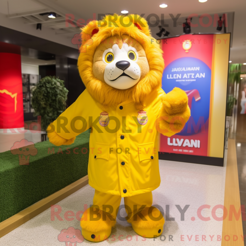 Mascot character of a Lion dressed with a Raincoat and Foot pads Mascot character of a Lion dressed with a Raincoat and Foot pads
