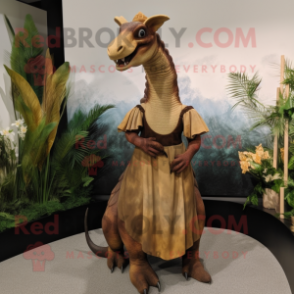 Brown Parasaurolophus mascot costume character dressed with a Maxi Dress and Belts